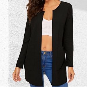 Mid length open-front cardigan, pockets minimalist BLACK